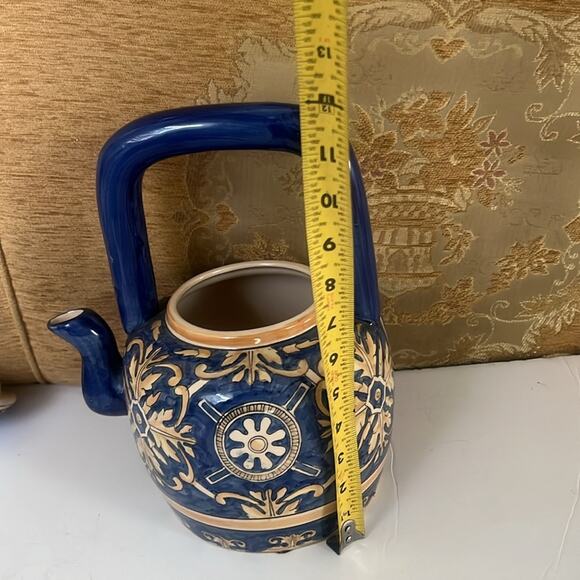 ANTIQUE CHINESE YELLOW‎ COBALT BLUE CERAMIC POTTERY TALL HANDLE TEA POT - Picture 7 of 8